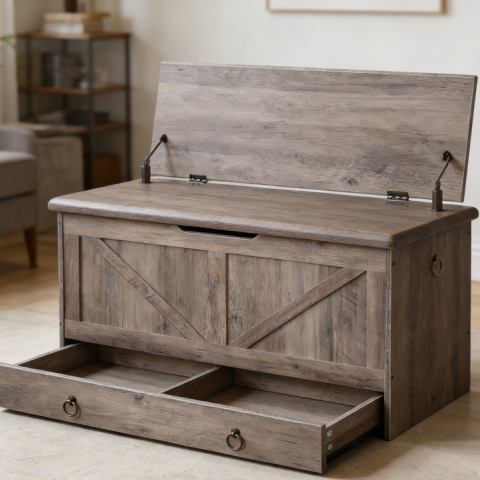 Grey brown wooden storage bench with drawers, 39.3-inch toy box style, 220 lbs capacity