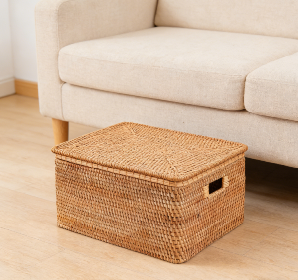 Large rattan storage basket with lid, 17.8 x 13.8 x 7.8 inches
