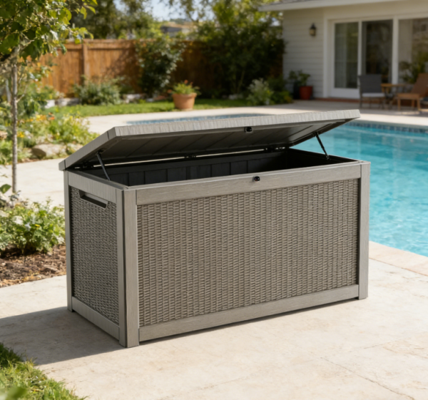 320-gallon grey waterproof outdoor storage box, made of UV-resistant resin, with hydraulic struts for enhanced stability, suitable for patios, gardens, and pool areas