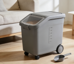 Gray Sealed Pet Food Container with Wheels and Measuring Spoon