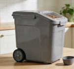 Gray Sealed Pet Food Container with Wheels and Measuring Spoon