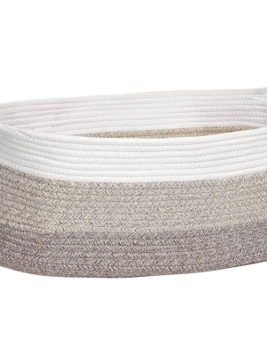 White and brown woven rope pet storage basket, large 30-liter capacity, dimensions 19.7x11x7.9 inches, suitable for storing toys and blankets.