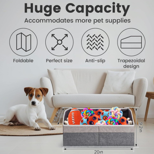 Grey medium-sized foldable pet toy basket with handle and non-slip hard bottom, 20-inch capacity, for organizing toys, clothing, etc.