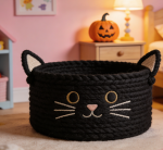 Black woven cat toy storage box with cute ear handles and embroidered face decorations, made of cotton rope, suitable for Halloween decorations, children's room and bedroom organization.