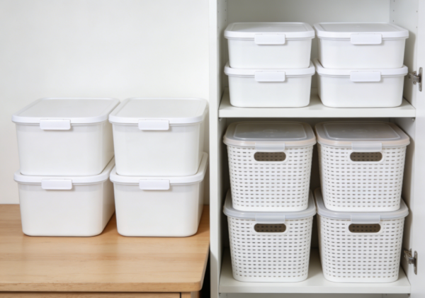 White Plastic Storage Box with White Lid, Desktop Wardrobe Storage Basket with Lid